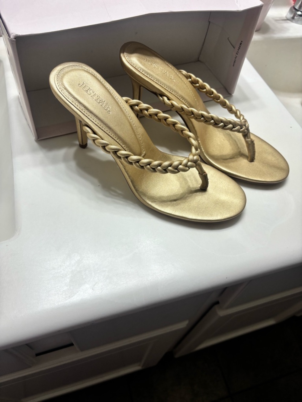 JustFab Metallic Gold Braided Thong Heels